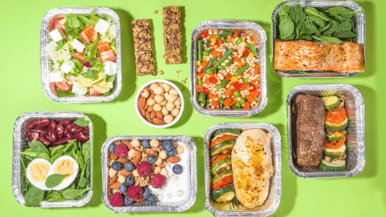 Healthy catering menu, courier food delivery lunch boxes. Beef steak meat, chicken filet , fish and vegetables in packages. Daily meal diet plan delivery , take away containers, online order concept